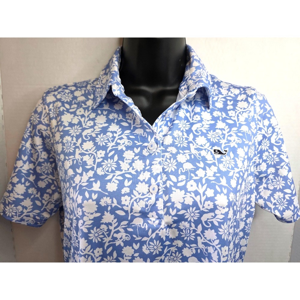 Vineyard Vines Performance Polo Shirt Womens XS Blue Floral Flamingo Monkey Golf